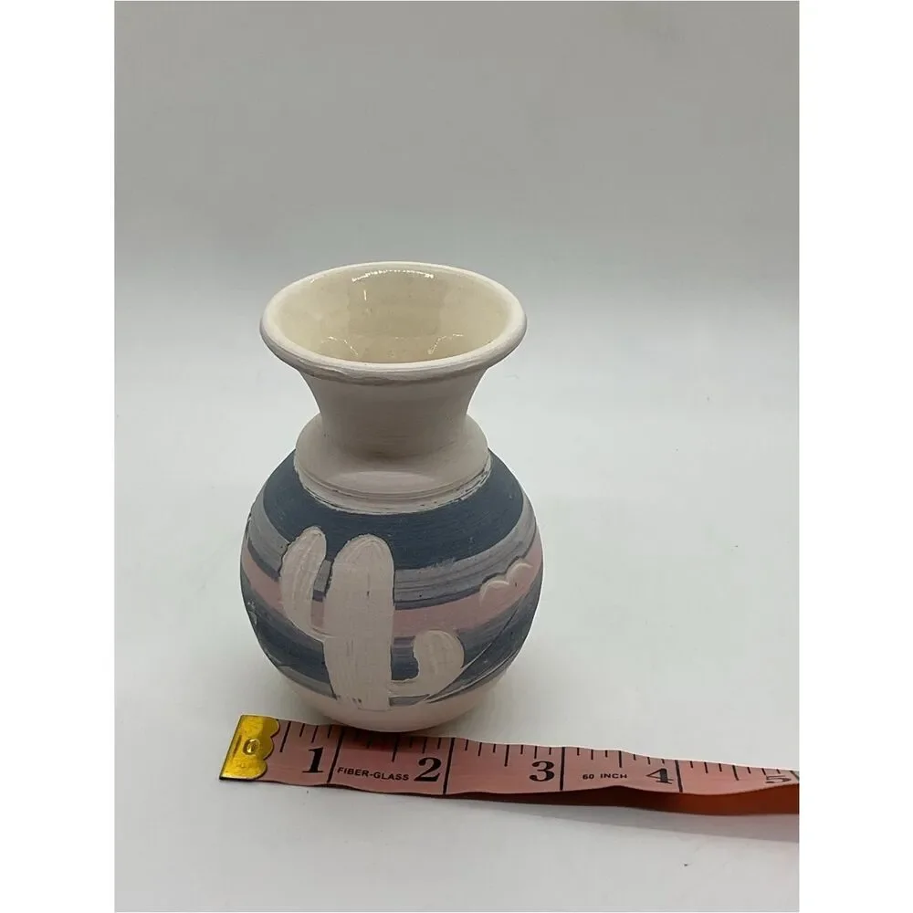 Acevloza Mexican Hand-Painted Ceramic Cactus Vase in Blue and Pink